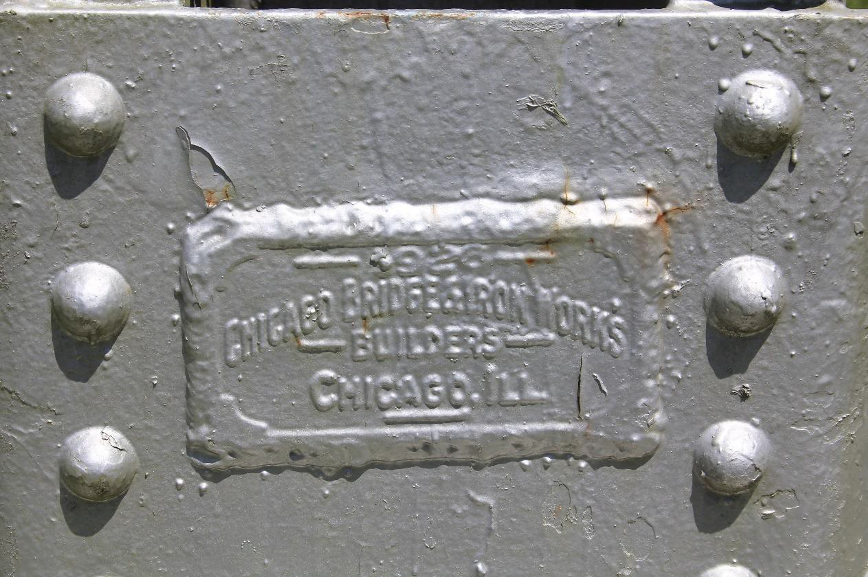 Figure 3 – Chicago Bridge & Iron Works Manufacturers Label on SW column of the Water Tower – (photograph by Randy Jaye – August 2018).