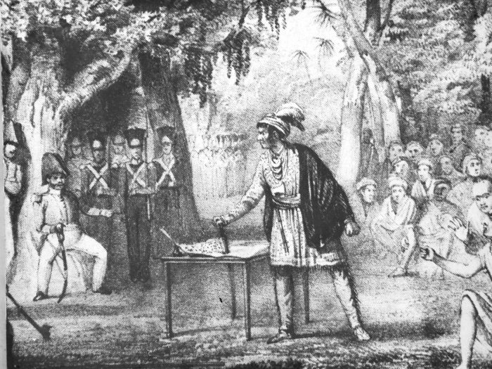 It was reported that Osceola drove a knife through a treaty paper that the Indians knew would be false.  After a bloody war, he was captured by Gen Hernandez when Osceola  arrived under a flag of truce for a meeting.  He died in captivity.