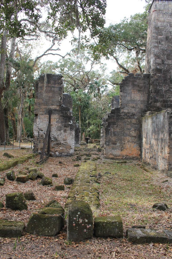 Bulow Plantation Sugar Mill Ruins – some of the coquina rock still shows burning scars from 1836 when the Seminoles burnt the plantation and all associated buildings.