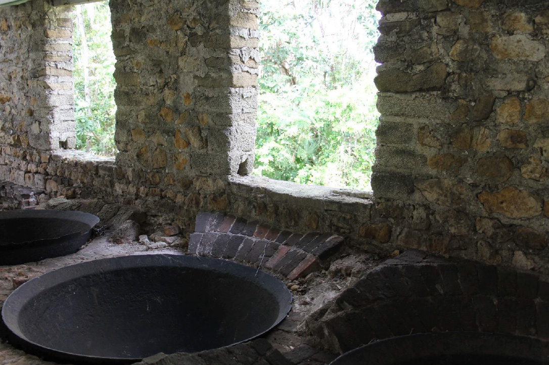 Dunlawton Plantation Ruins – cooking kettles and coquina rock walls