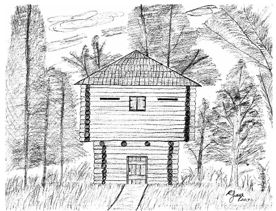 An artist’s concept of what Fort Fulton might have looked like in the late 1830s. It was most likely a blockhouse style fortification. It was strategically located near Pellicer Creek and Old Kings Road in a heavily wooded area.
